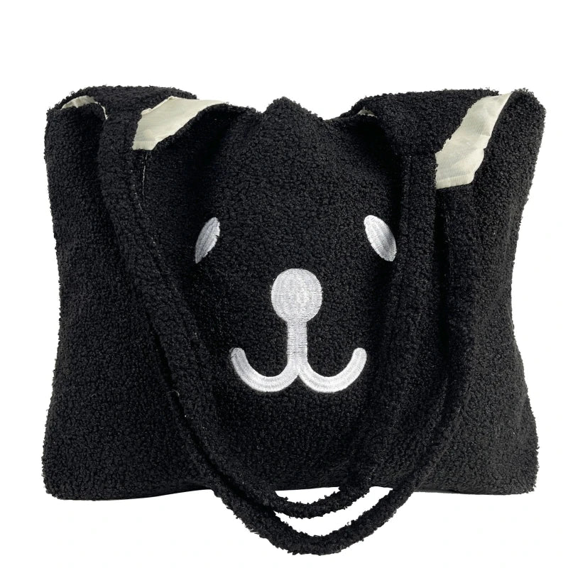 Cartoon Plush Shoulder Bag - Embroidery Bear Large Capacity Satchel Tote