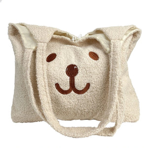 Cartoon Plush Shoulder Bag - Embroidery Bear Large Capacity Satchel Tote