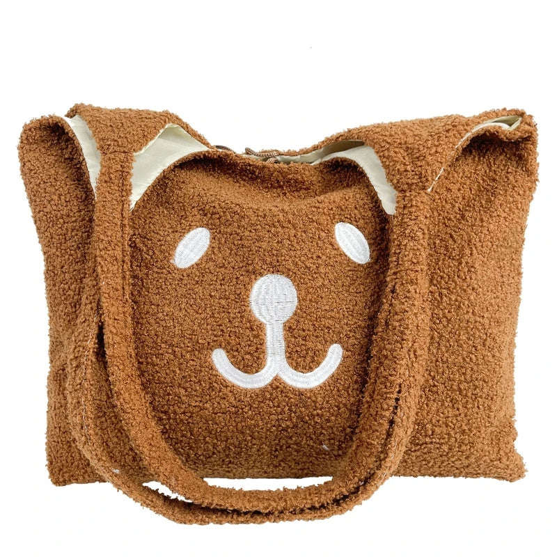 Cartoon Plush Shoulder Bag - Embroidery Bear Large Capacity Satchel Tote