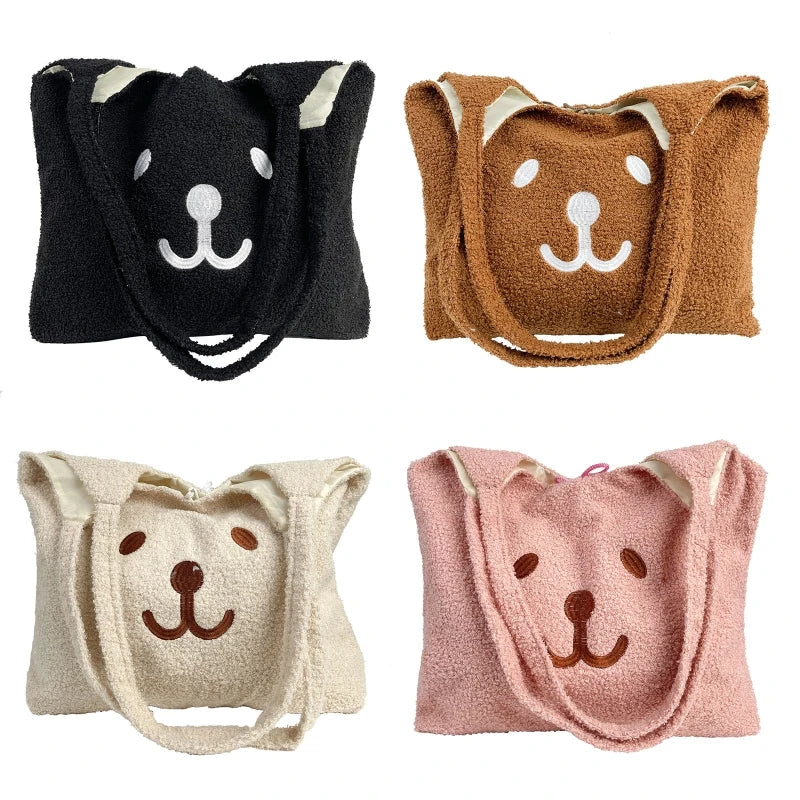 Cartoon Plush Shoulder Bag - Embroidery Bear Large Capacity Satchel Tote