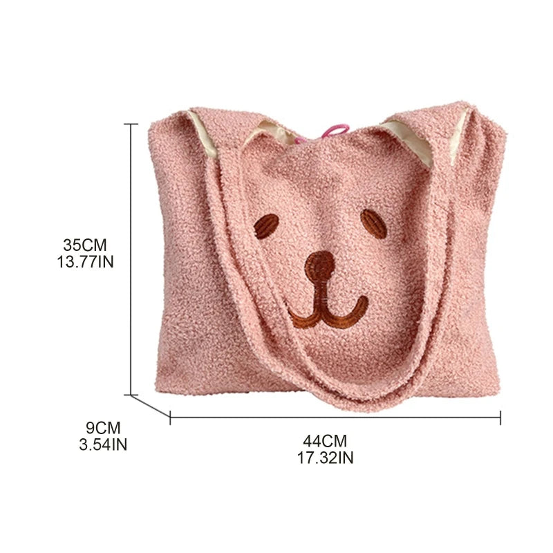 Cartoon Plush Shoulder Bag - Embroidery Bear Large Capacity Satchel Tote