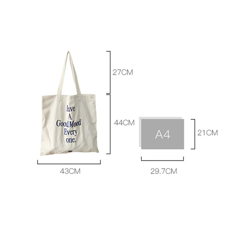 Embroidered Letter Shoulder Bag Canvas Tote Handbag