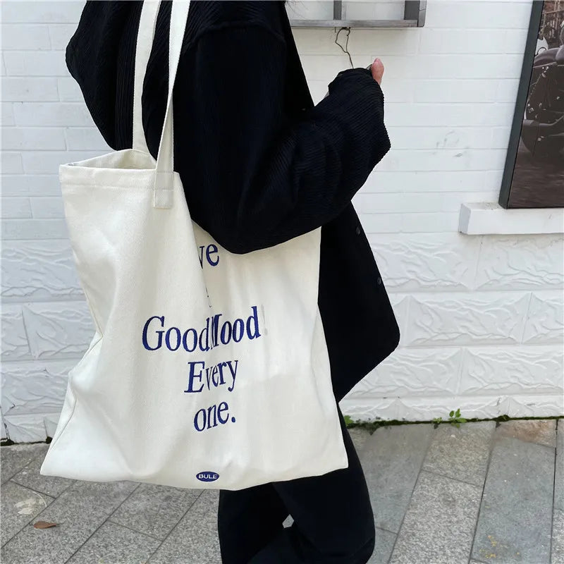 Embroidered Letter Shoulder Bag Canvas Tote Handbag