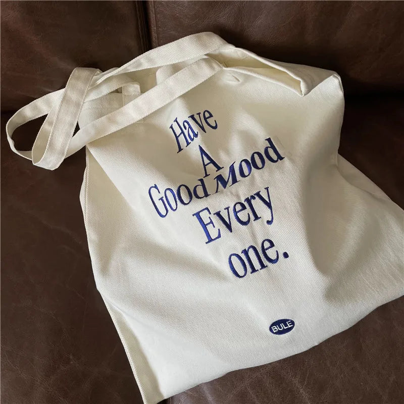 Embroidered Letter Shoulder Bag Canvas Tote Handbag
