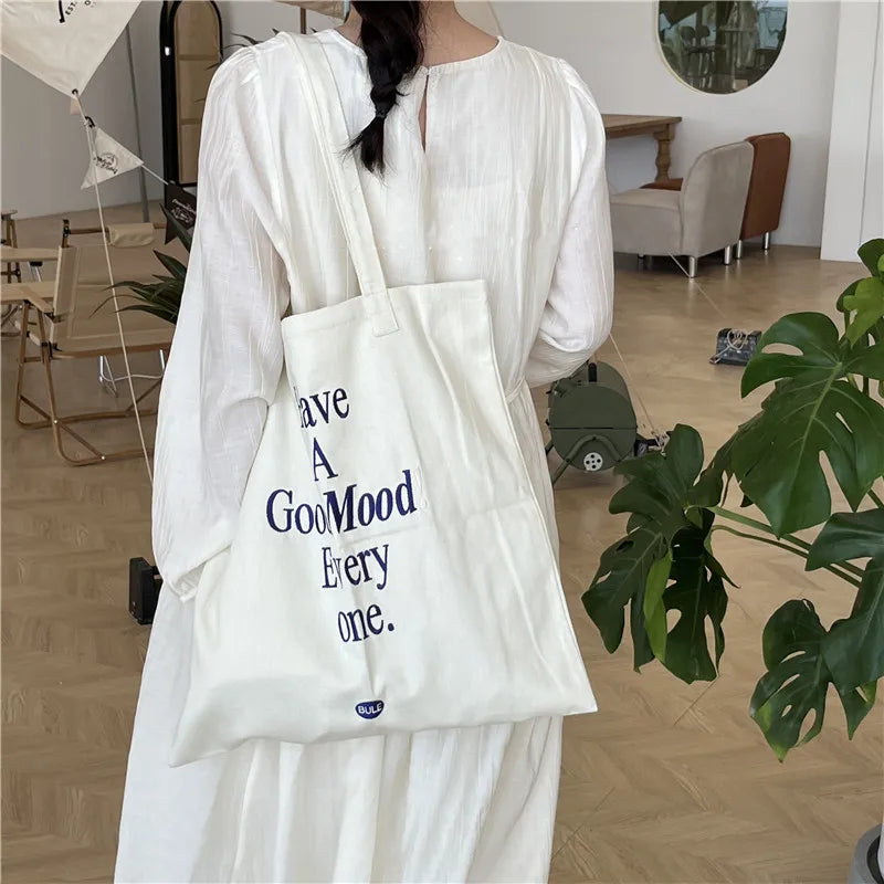 Embroidered Letter Shoulder Bag Canvas Tote Handbag
