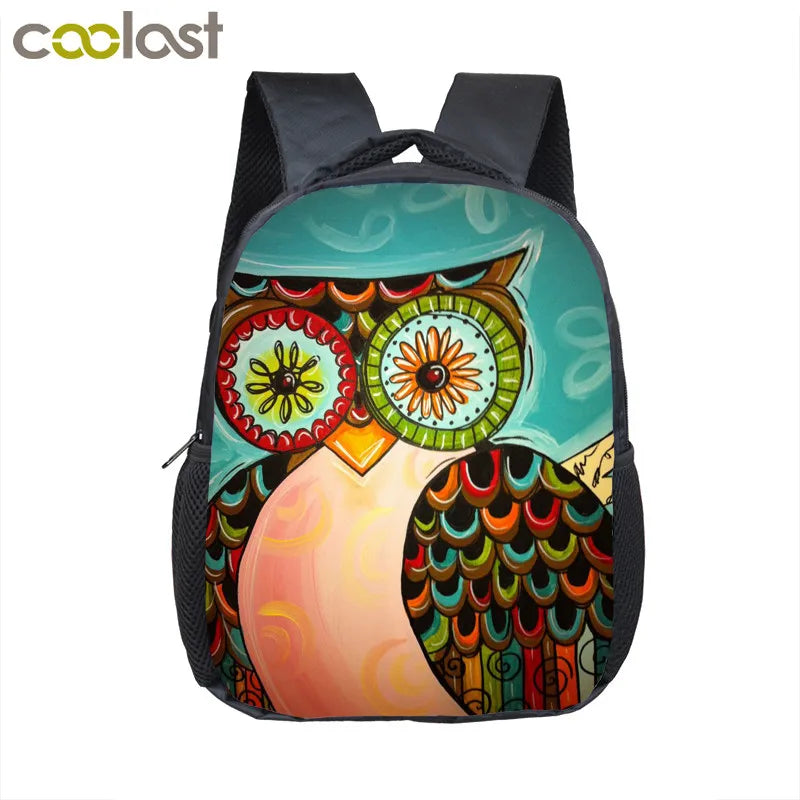 12 Inch Owl Print Backpack for Kids School Bags Boys Girls