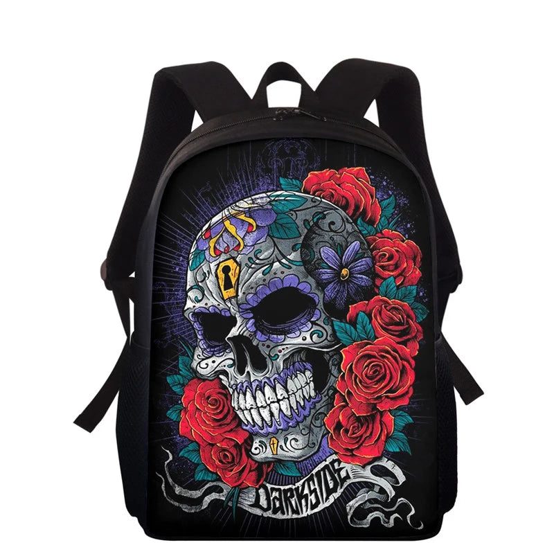15" School Backpack for Teenager Skull Rose Print Schoolbag Boys Gilrs Kids
