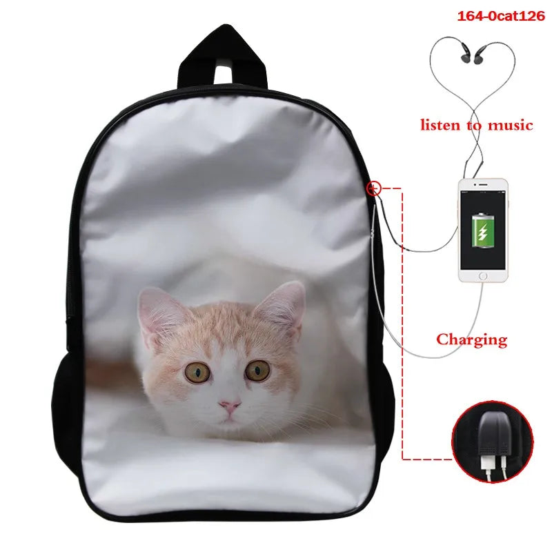 16 Inch Cat Print School Bag with USB Cable for Boys Girls Backpack