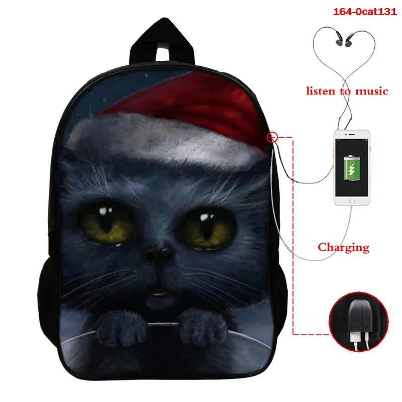 16 Inch Cat Print School Bag with USB Cable for Boys Girls Backpack
