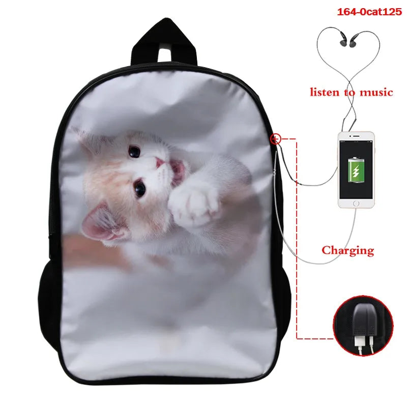 16 Inch Cat Print School Bag with USB Cable for Boys Girls Backpack