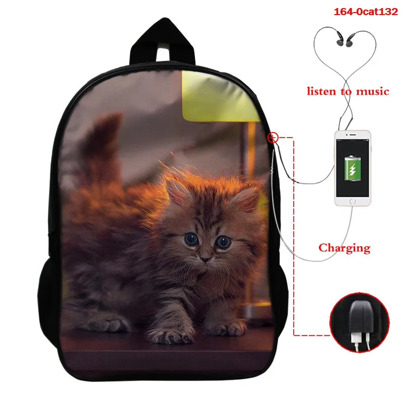 16 Inch Cat Print School Bag with USB Cable for Boys Girls Backpack
