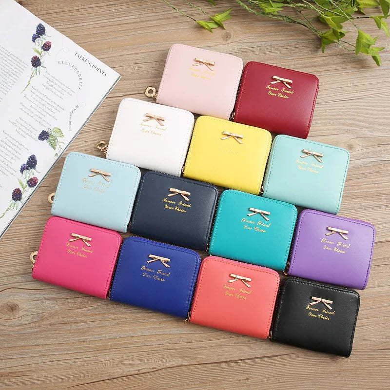 Bow Women Small Leather Wallets Zipper Purses Girls Lady Purse