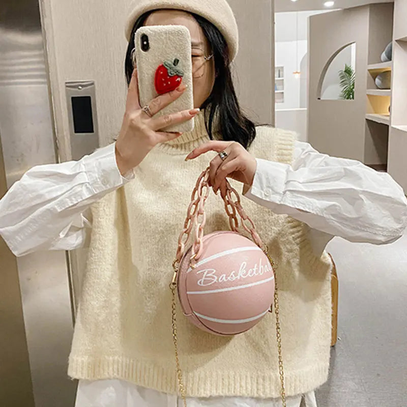 Pink Basketball Bag Crossbody Chain Hand Bag for Women