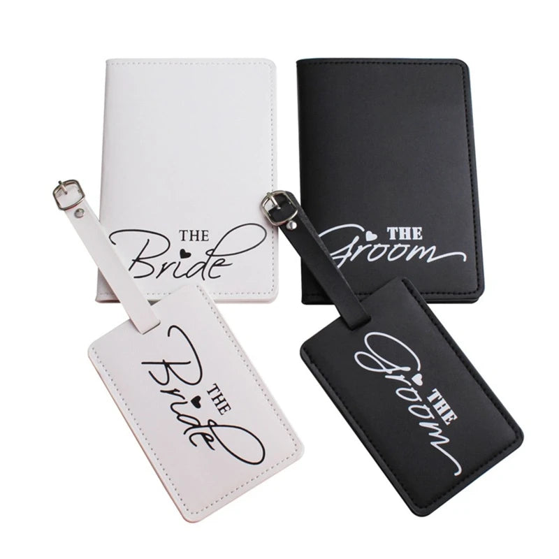 PU Leather Luggage Tag & Passport Case Set for Couples Honeymoon Travel
