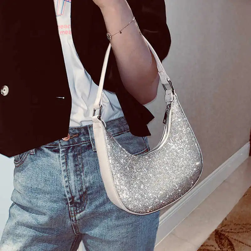 Bright Drill Chain Single Shoulder Bag Shimmer Diamonds PU Leather