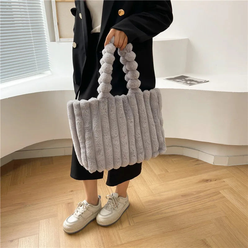 Ribbed The Tote Bags Winter Woolen Faux Fur Teddy Curl Plush Shoulder Bag