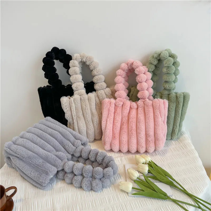 Ribbed The Tote Bags Winter Woolen Faux Fur Teddy Curl Plush Shoulder Bag