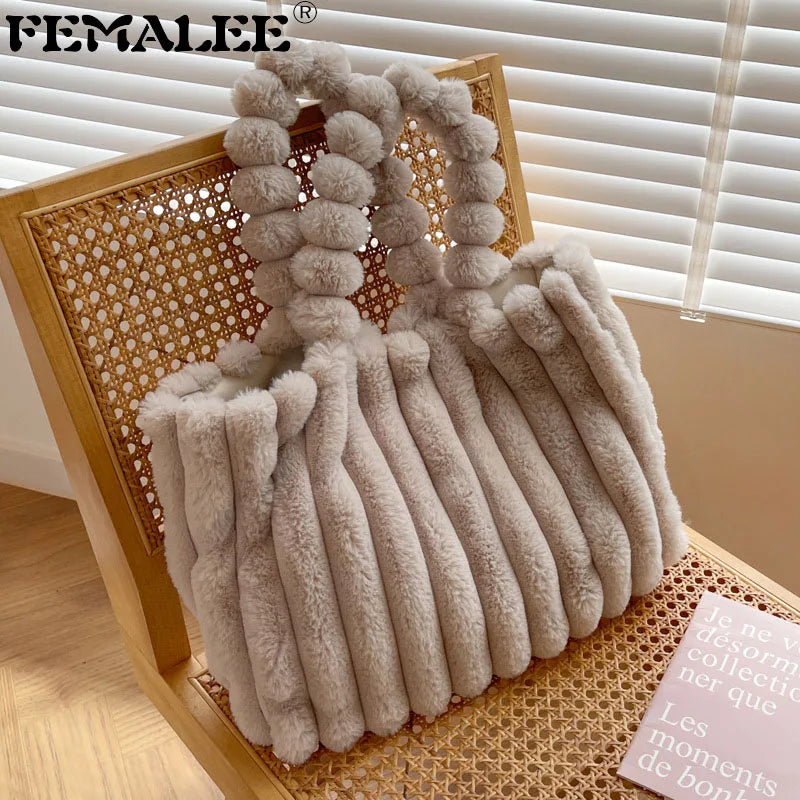 Ribbed The Tote Bags Winter Woolen Faux Fur Teddy Curl Plush Shoulder Bag