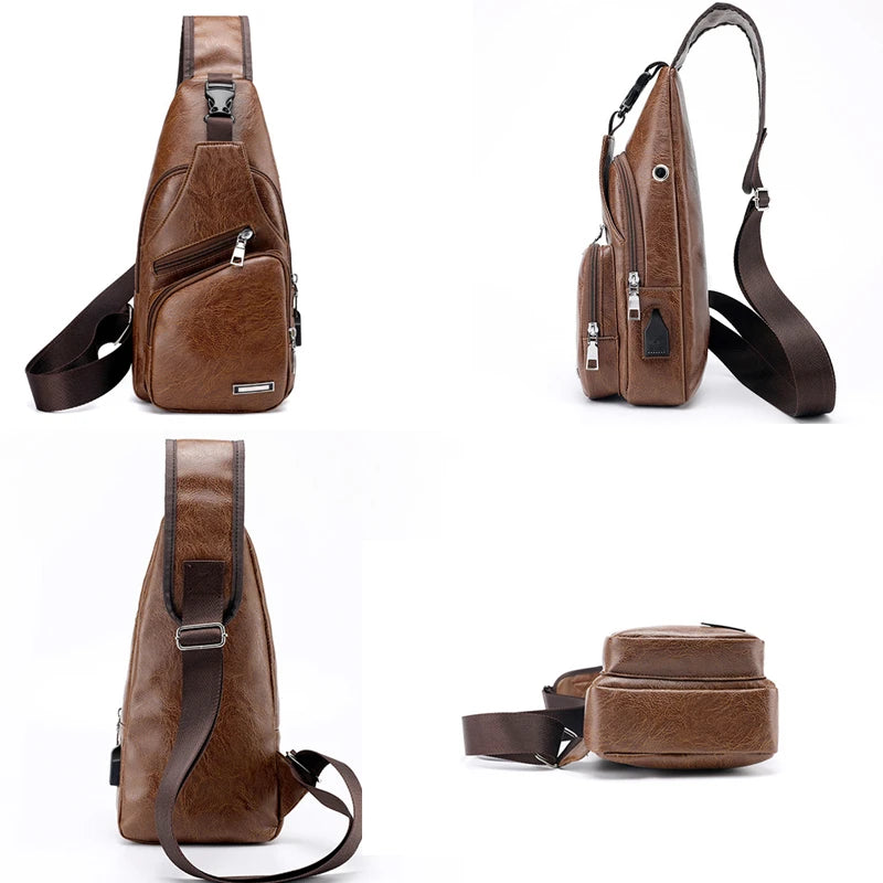 Men's Crossbody Bags USB Chest Bags Messenger Leather Shoulder Bags