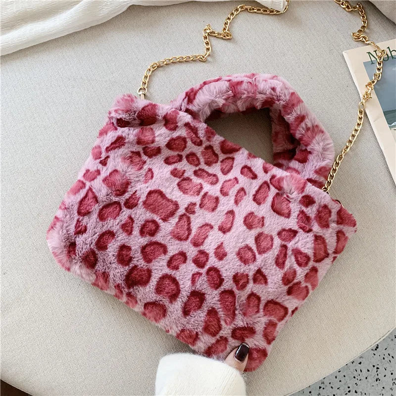 Winter Leopard Fur Handbags Women Bags Party Shoulder Bags