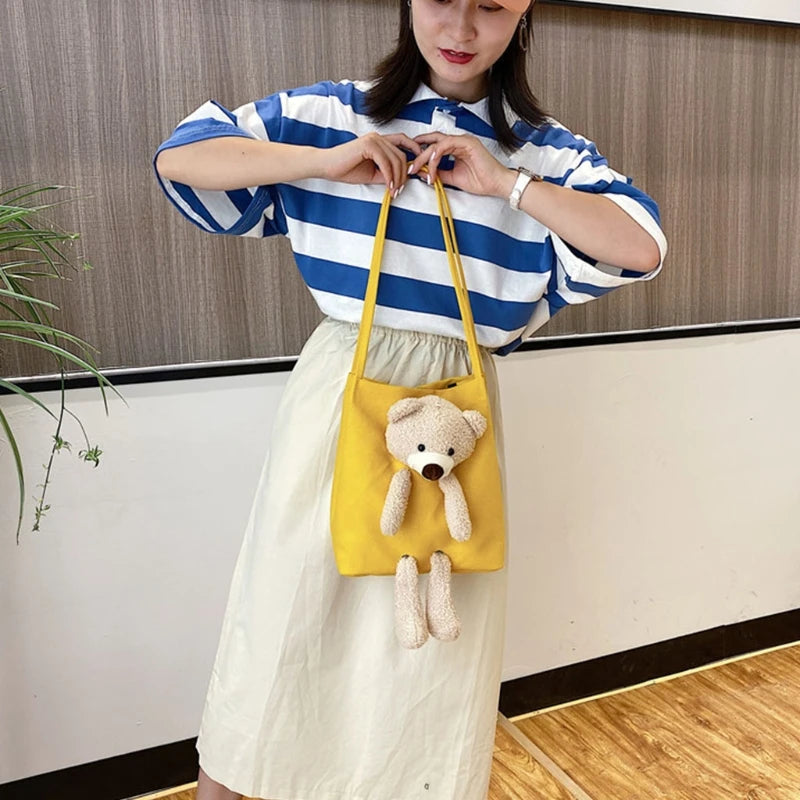 Bear Canvas Shoulder Bag Women Messenger Crossbody Purse