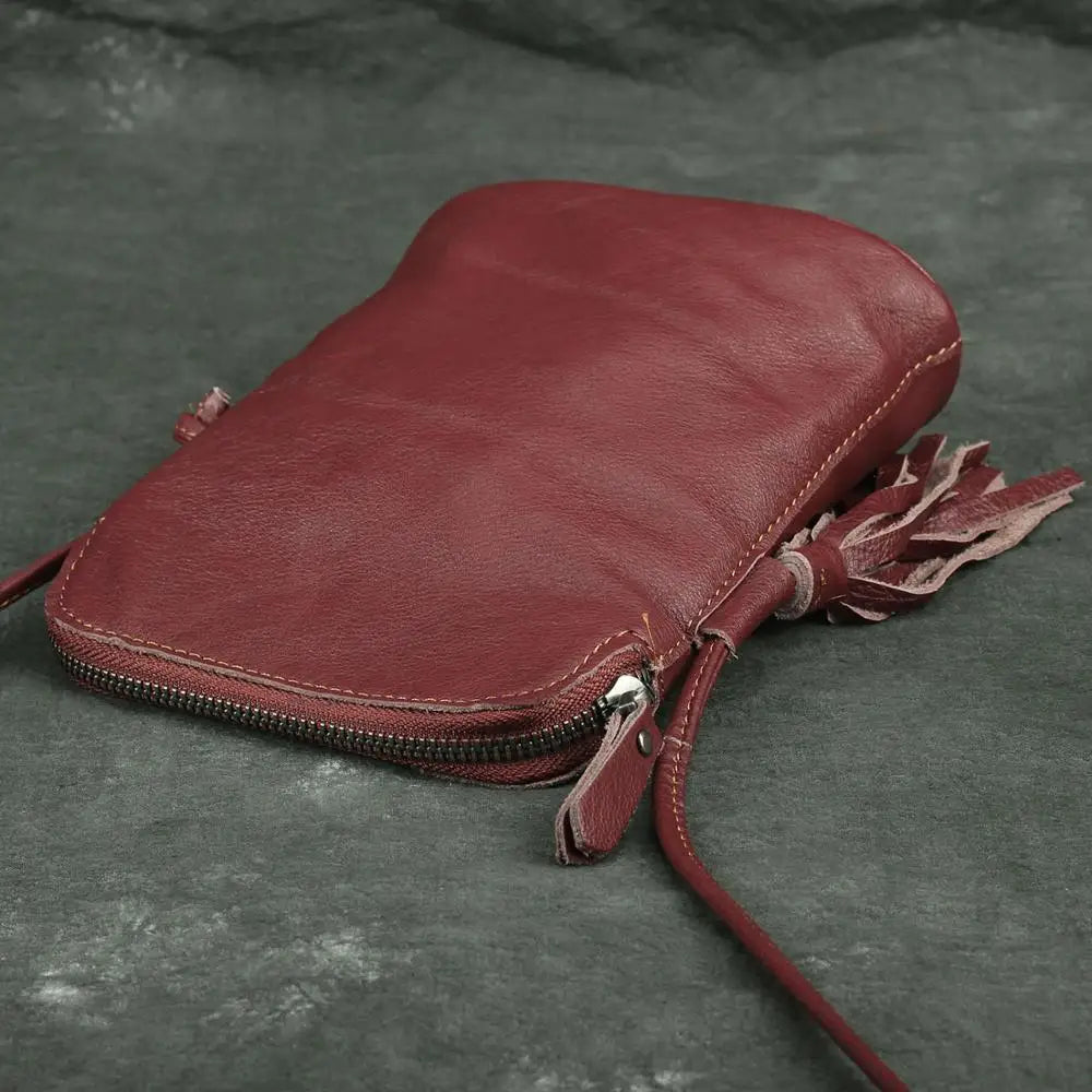 Casual Leather Shoulder Bag Cowhide Women Tassel Mini Messenger Phone Bag