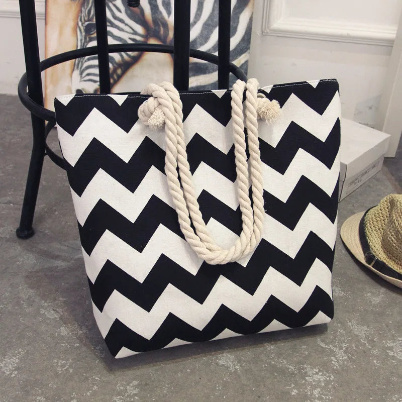 Canvas Striped Shoulder Beach Bag Floral Messenger Shopping Tote Casual Big Bag