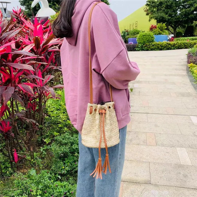 Summer Beach Straw Bucket Bag Crossbody with Tassel Drawstring