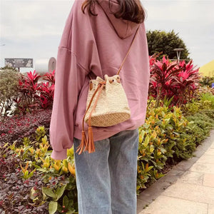 Summer Beach Straw Bucket Bag Crossbody with Tassel Drawstring