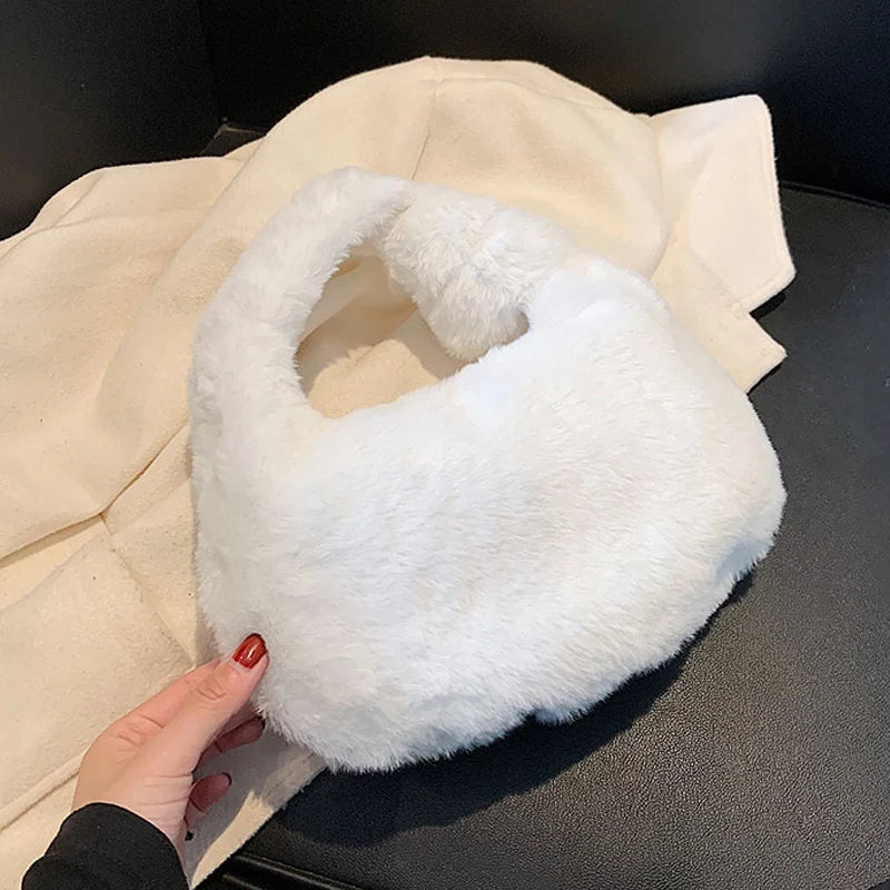 Soft Plush Shoulder Bag Women Lady Underarm Bag Casual Warm Fur Handbag