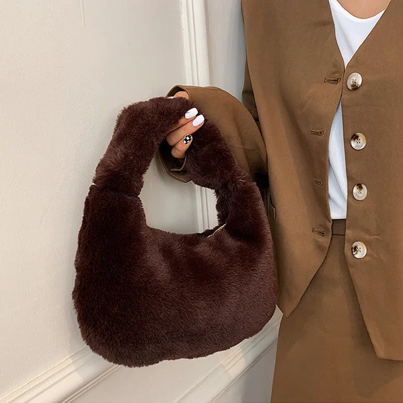 Soft Plush Shoulder Bag Women Lady Underarm Bag Casual Warm Fur Handbag