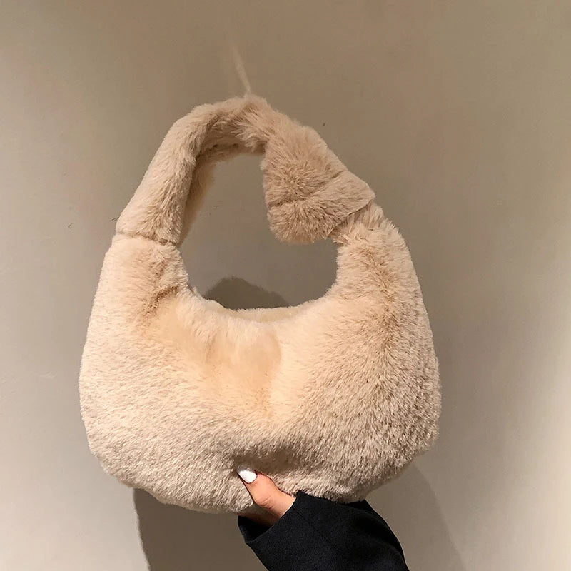 Soft Plush Shoulder Bag Women Lady Underarm Bag Casual Warm Fur Handbag