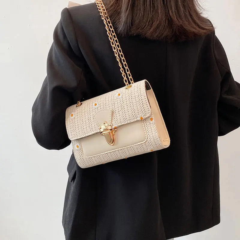 Small Crossbody Straw Handbag for Women Chain Shoulder Bag
