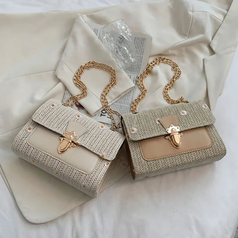 Small Crossbody Straw Handbag for Women Chain Shoulder Bag