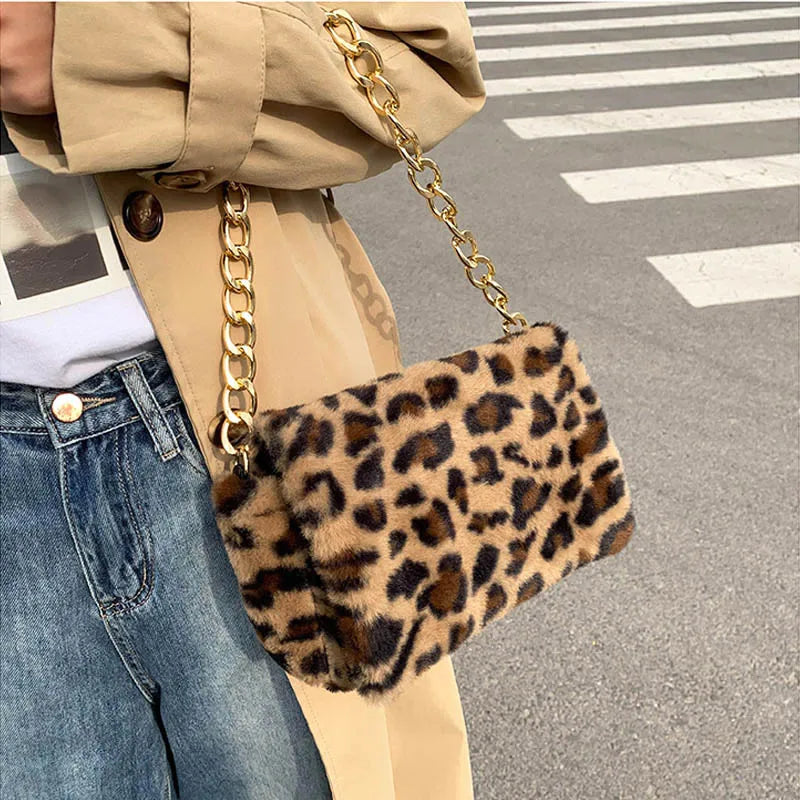 Leopard Print Thick Chain Shoulder Bag Plush Handbag