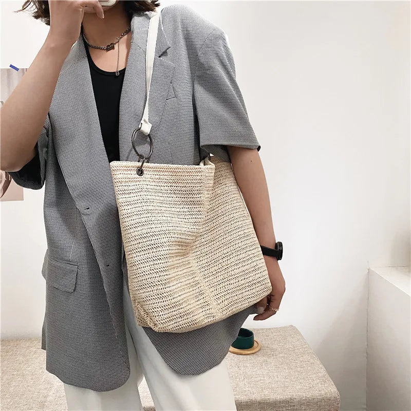Casual Straw Tote Handbag Large Capacity Women Shoulder Bag