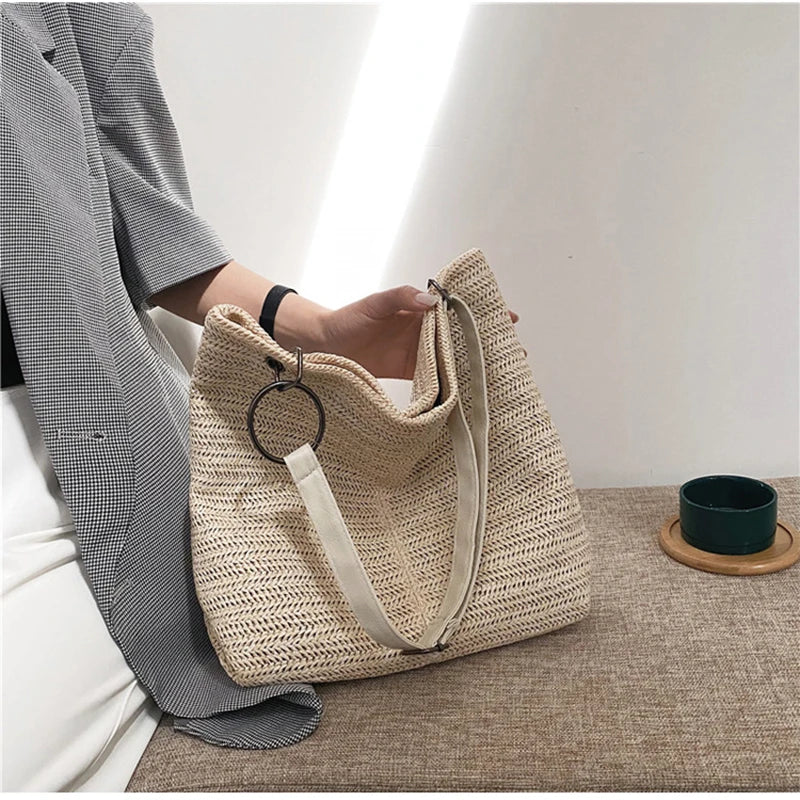 Casual Straw Tote Handbag Large Capacity Women Shoulder Bag