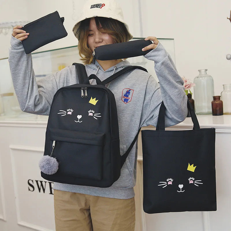 Canvas School Backpack Set with Cat Print for Girls