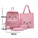 Canvas School Backpack Set with Cat Print for Girls