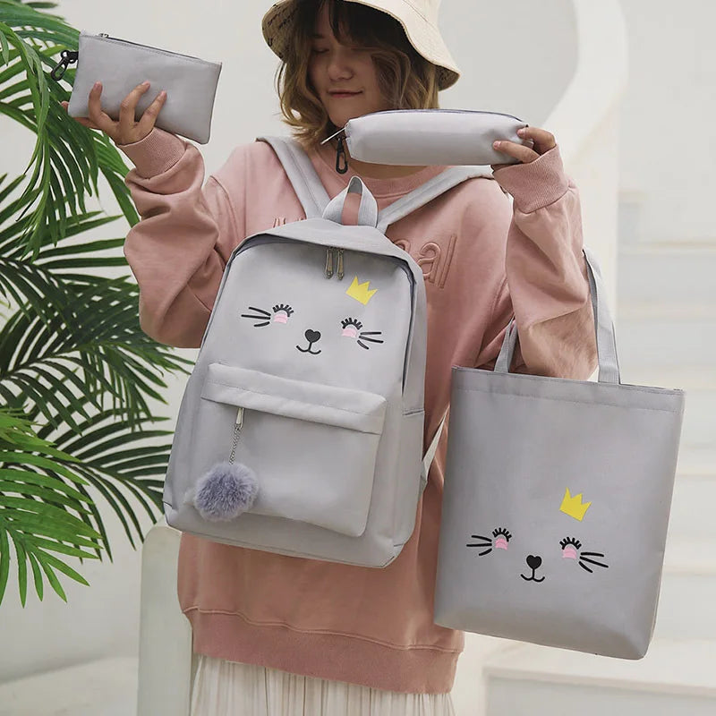Canvas School Backpack Set with Cat Print for Girls