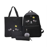 Canvas School Backpack Set with Cat Print for Girls