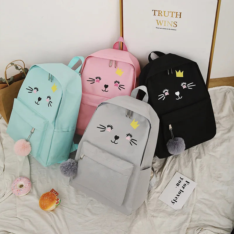 Canvas School Backpack Set with Cat Print for Girls