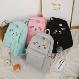 Canvas School Backpack Set with Cat Print for Girls