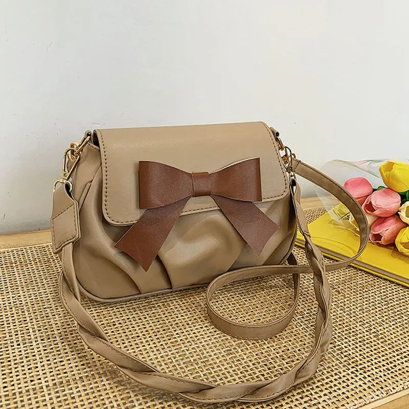 Women's High PU Leather Shoulder Bag Bow Pleated Crossbody