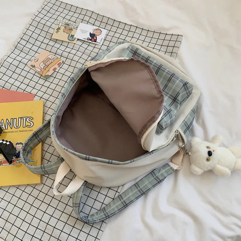 Plaid Backpack for High School Students Fresh Style Large Capacity Schoolbag