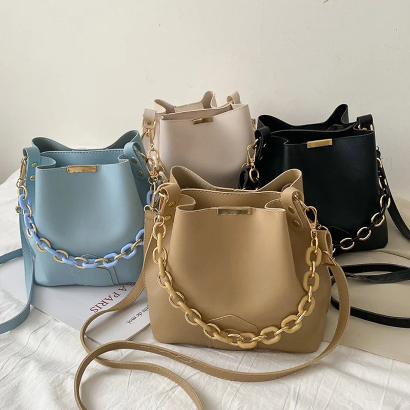 Shoulder Bag Ladies All-match Chain Bucket Messenger Handbag PU Large Capacity B