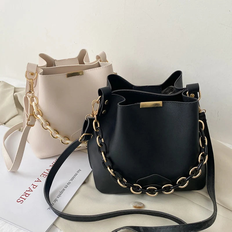 Shoulder Bag Ladies All-match Chain Bucket Messenger Handbag PU Large Capacity B