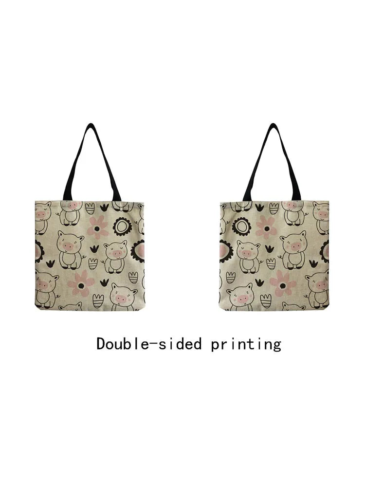Cartoon Pig & Floral Women Handbag Eco Reusable Shopper Bag