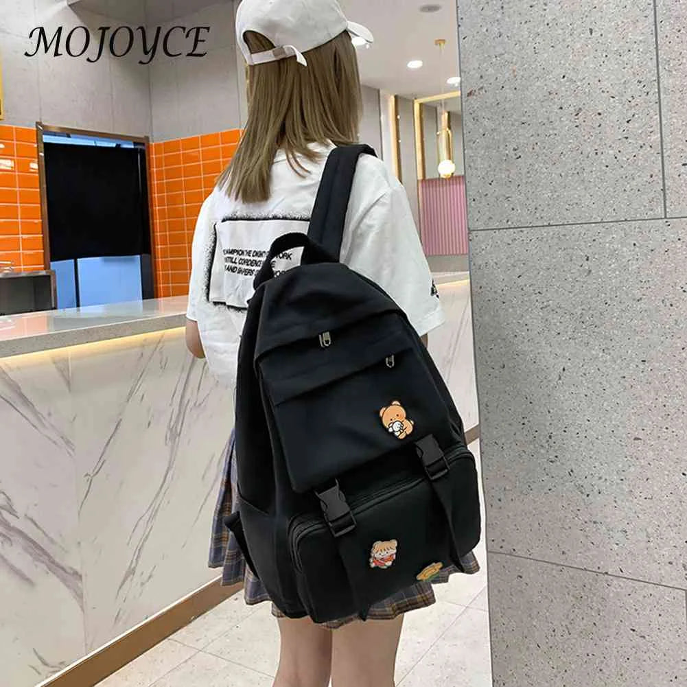 Canvas Backpack Solid Badges Zip Open Pocket Large Capacity