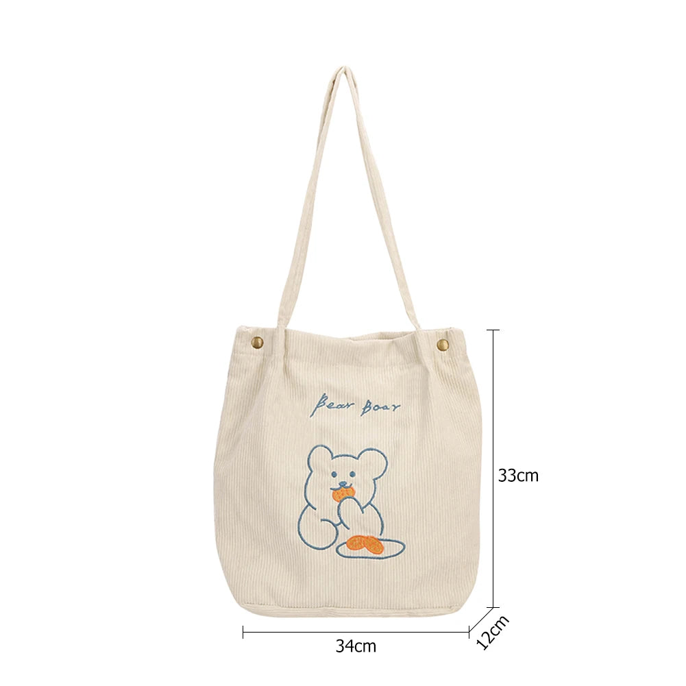 Women Casual Corduroy Shoulder Bag Cartoon Bear Print Bucket Bags